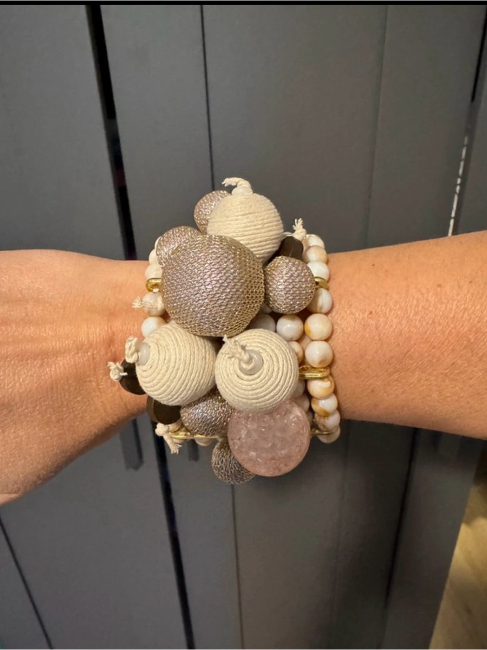 Neutral Beige and Gold Statement Beaded Bracelet Set